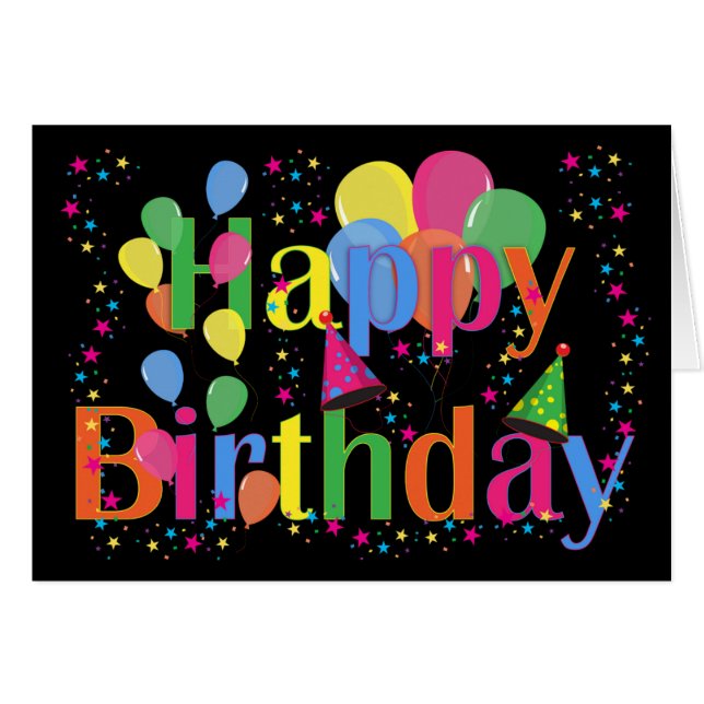 Confetti, Party Hats and Balloons Black Background (Front Horizontal)