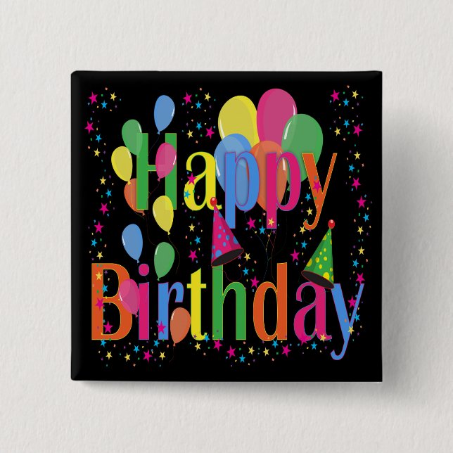 Confetti, Party Hats and Balloons Black Background 2 Inch Square Button (Front)