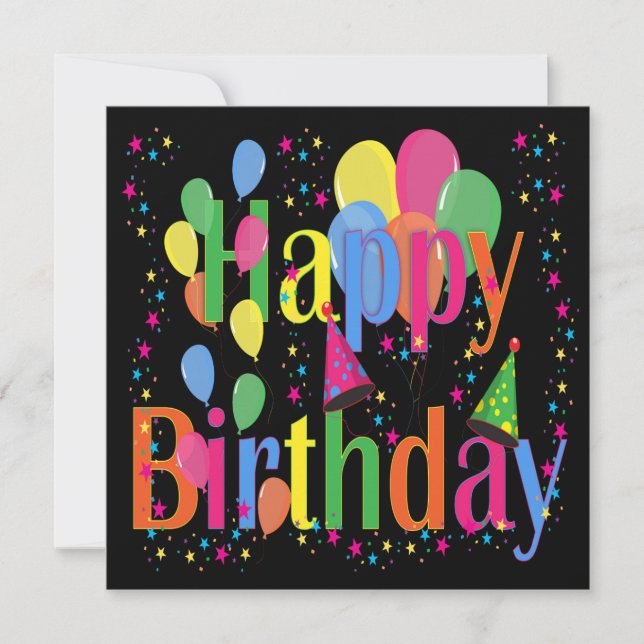 Confetti, Party Hats and Balloons Black Background Invitation (Front)