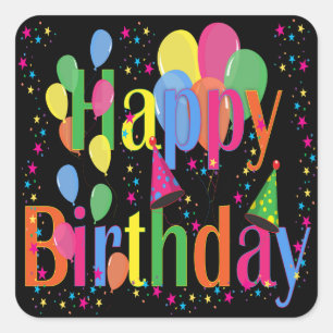 Confetti, Party Hats and Balloons Black Background Square Sticker