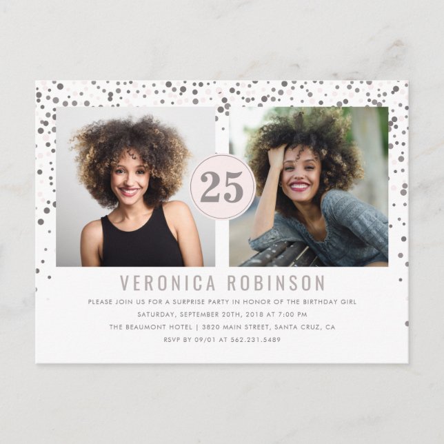 Confetti Photo Surprise Birthday Party Invitation Postcard (Front)