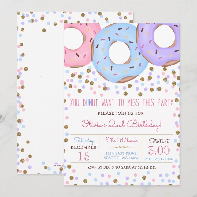 Confetti pink  gold doughnuts birthday party invitation (Front/Back)