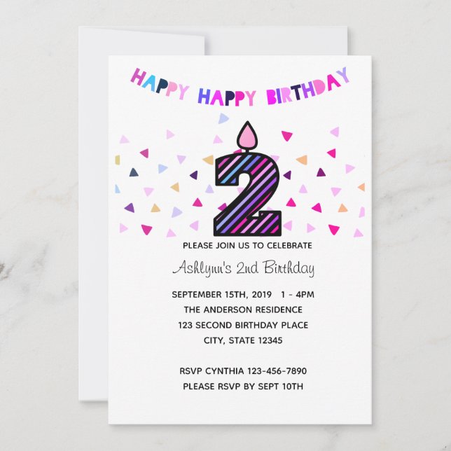 Confetti Pink Purple 2nd Birthday Girl Invitation (Front)
