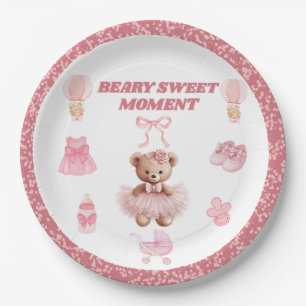 CONFETTI PINK WHITE ROUND 9" BEAR GIRL BABY SHOWER PAPER PLATE