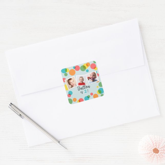 Confetti Polka Dots Boys Photo Birthday Party Square Sticker (Envelope)