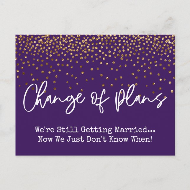 Confetti Purple Change of Plans Postponed Wedding Postcard (Front)