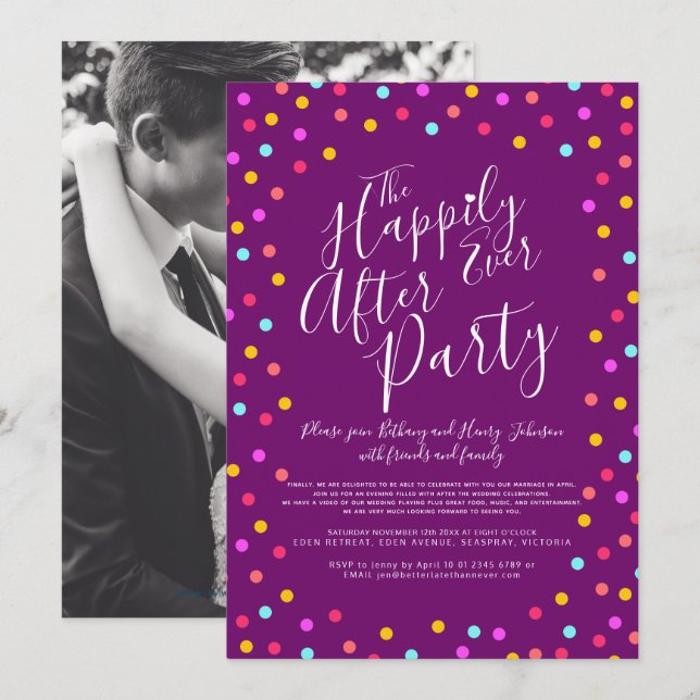 Confetti purple happily ever after wedding party invitation (Front/Back)