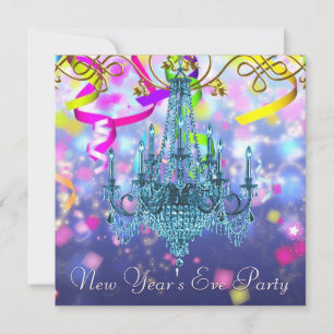 Confetti Purple Teal Blue Chandelier New Years Eve Invitation