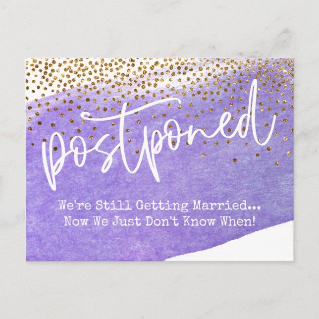 Confetti & Purple Watercolor Postponed Wedding Postcard (Front)