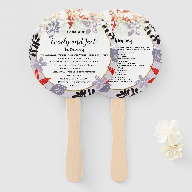 Confetti Red Lavender Lilac Floral Wedding Program Hand Fan (Front and Back)