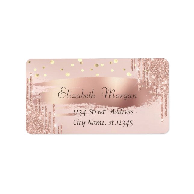 Confetti, Rose Gold Brush Stroke Glitter Drips Label (Front)