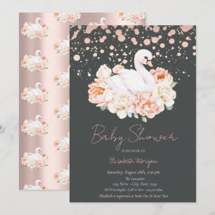 Confetti Rose Gold Floral Baby Swan Baby Shower Invitation