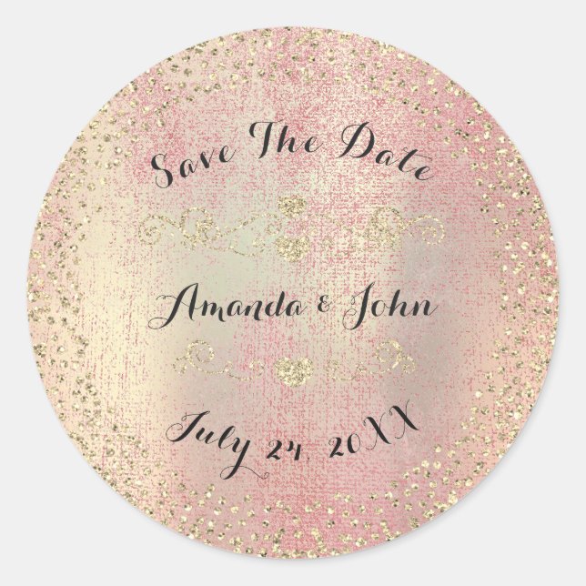 Confetti Rose Gold Glitter Save the Date Peach Pin Classic Round Sticker (Front)