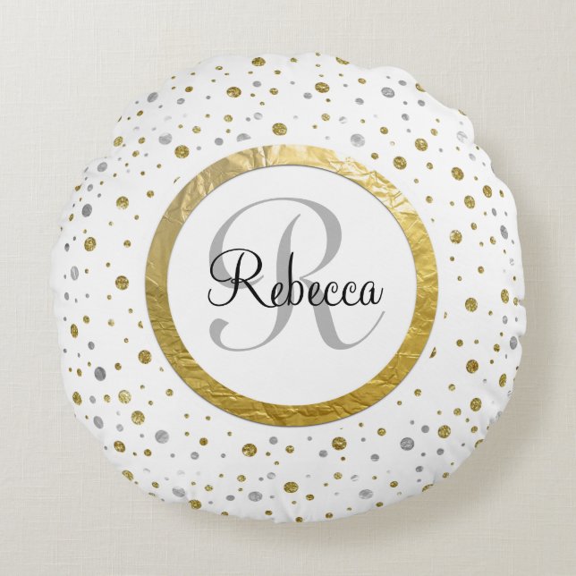 Confetti Silver/Gold Monogram Round Pillow (Front)