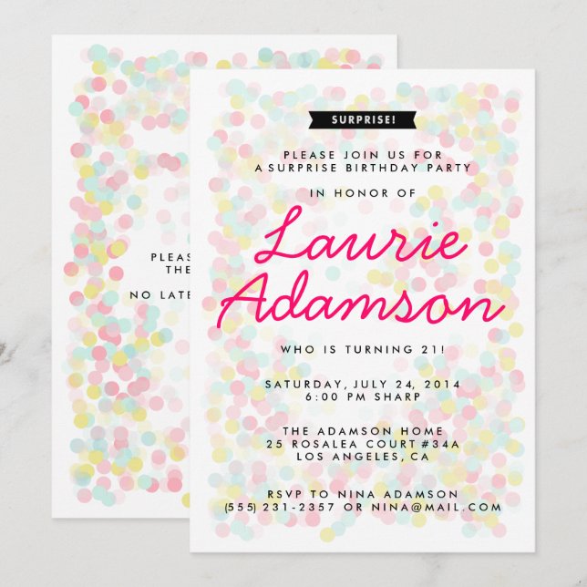 Confetti Surprise Anniversaire Invitations (Devant / Derrière)