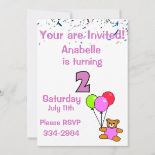 Confetti, Teddy Bear, Balloons Girl's 2nd  Birthda Invitation