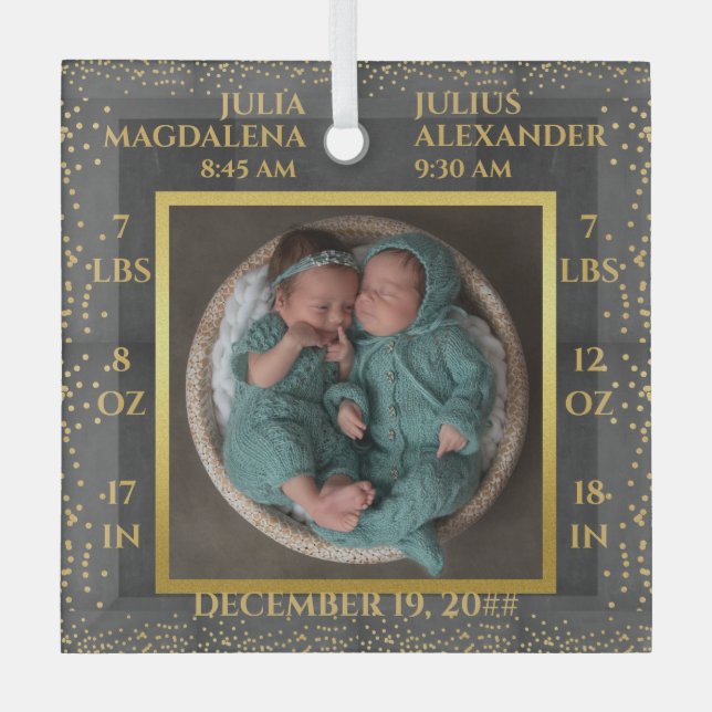 Confetti Twin Baby Name Birth Stats Photo Keepsake Glass Ornament (Front)