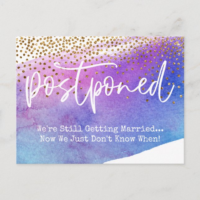 Confetti & Watercolor Postponed Wedding Notice Postcard (Front)