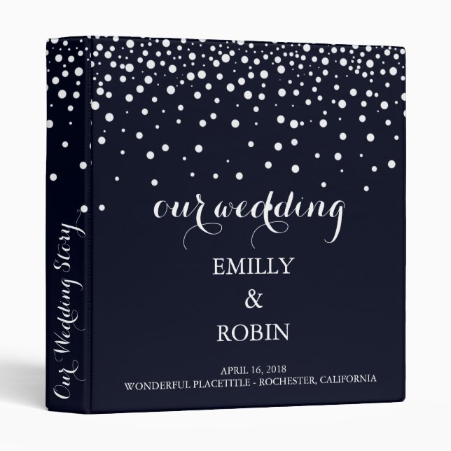 Confetti White Dots Elegant Navy Blue Wedding Binder (Front/Spine)