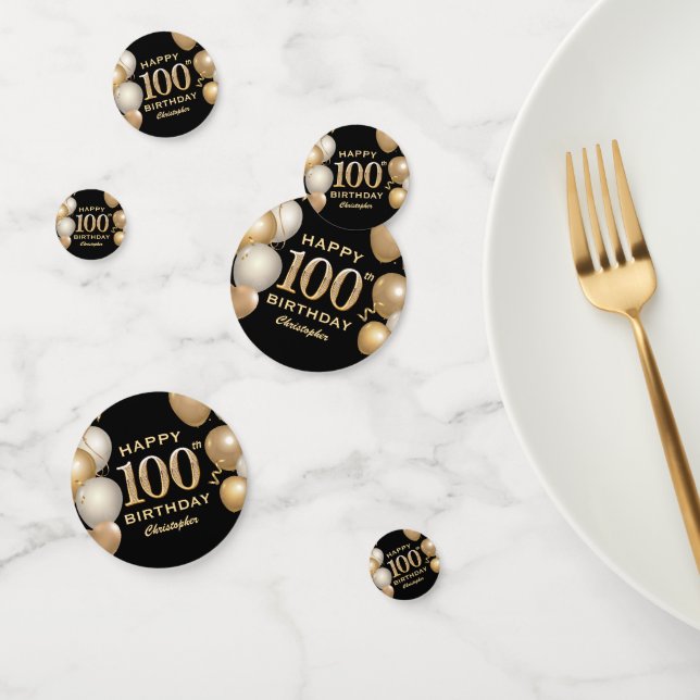 Confettis 100e fête d'anniversaire Ballons Noir et Or (Groupe)