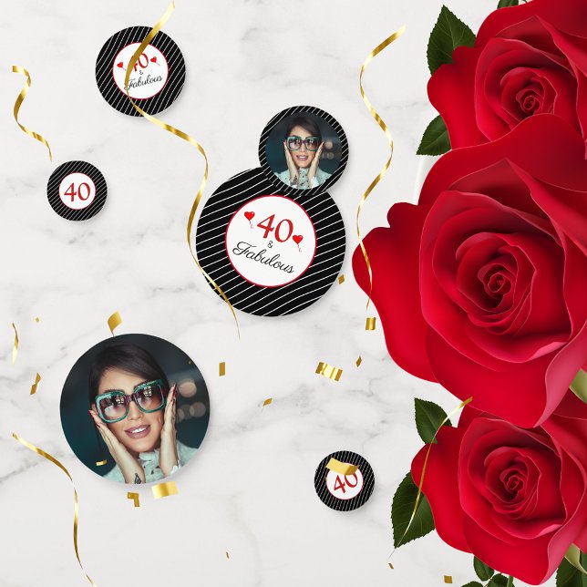 Confettis 40 & Coeurs fabuleux 40e anniversaire Photo Noir (40 & Fabulous Hearts 40th Birthday Photo Black Confetti)