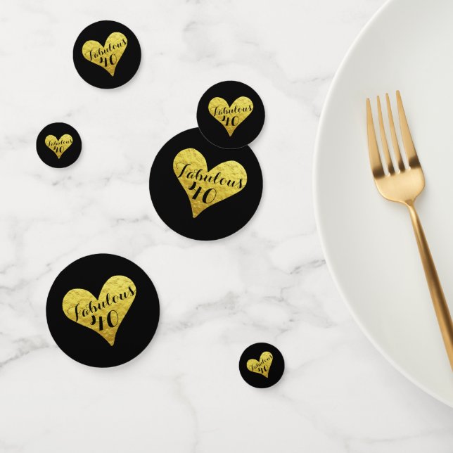 Confettis 40e anniversaire Fabuleux 40 Noir | Coeur Or Faux (Groupe)