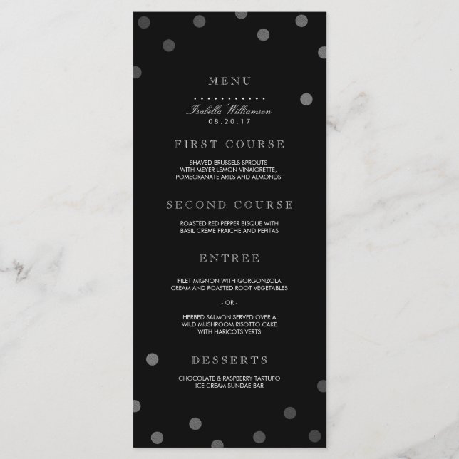 Confettis argentés et menu noir de fête (Devant)