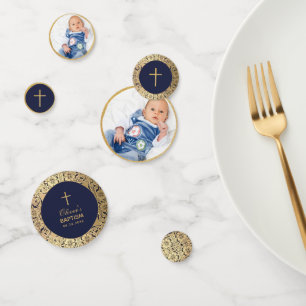 Confettis Baptême Boy Photo Marine Blue Gold Roses Vintages