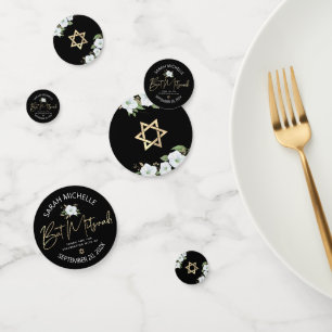 Confettis Bat mitzvah Black Gold Script Floral Aquarelle