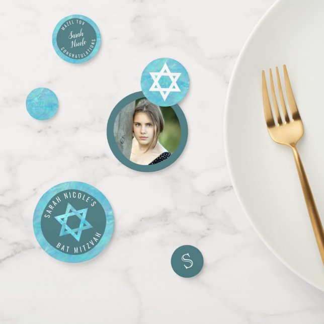 Confettis Bat mitzvah Bleu Opal Faux Aquarelle Photo (Groupe)