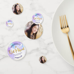 Confettis Bat mitzvah Photo Gold Script Purple Aquarelle