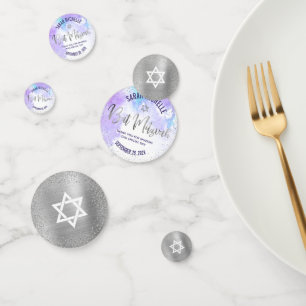 Confettis Bat mitzvah Purple Aquarelle Silver Foil Script