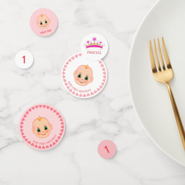 Confettis Bébé Fille Anniversaire sur rose & blanc (Groupe)