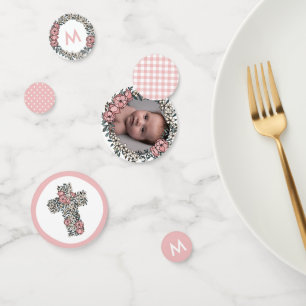 Confettis Belle croix de cadre rose floral Photo Baptême