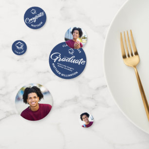 Confettis Bleu Graduation 3 Photo Bold Script Casquette Mini