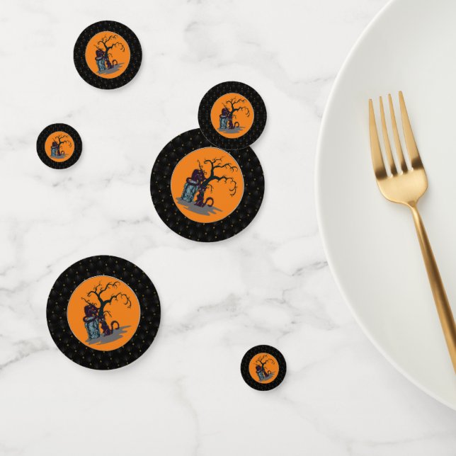 Confettis Bordure noire Chats noirs Tombstone Tree Halloween (Groupe)