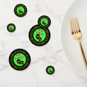 Confettis Crânes noirs jaunes verts Joyeux Ballons d'Hallowe