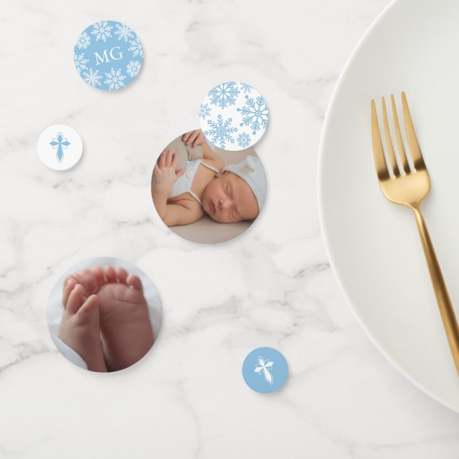 Confettis Croix Bleue Blancs Snowflakes Photo Hiver Baptême (Groupe)