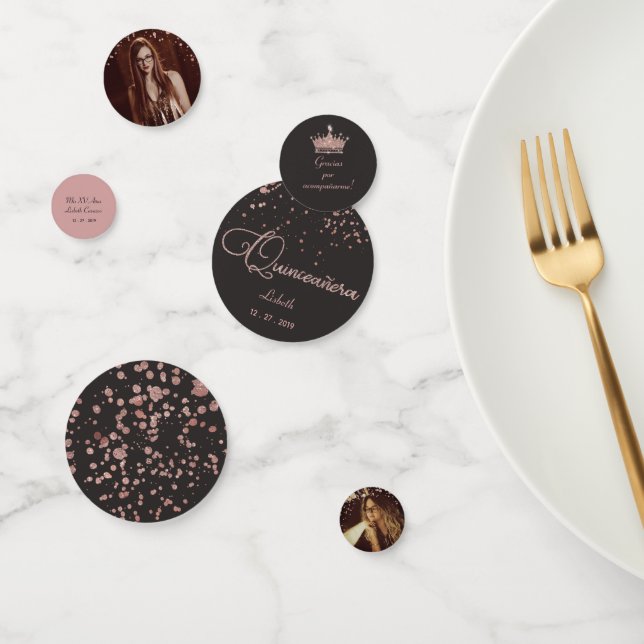Confettis Décor de table Quinceanera | Rose Gold Black Photo (Groupe)