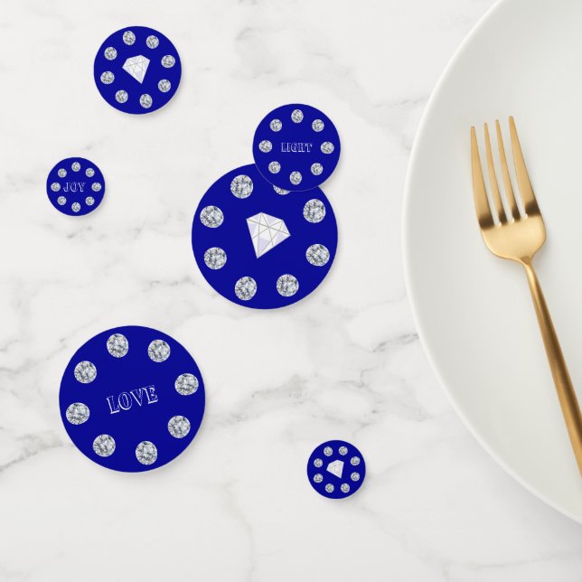 Confettis Diamants chics sur table bleue royale (Groupe)