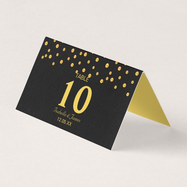 Confettis dorés sur carte de table pliante noire (Front)