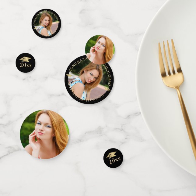 Confettis Elégant Black Gold Photo Personnalisée Graduation (Groupe)
