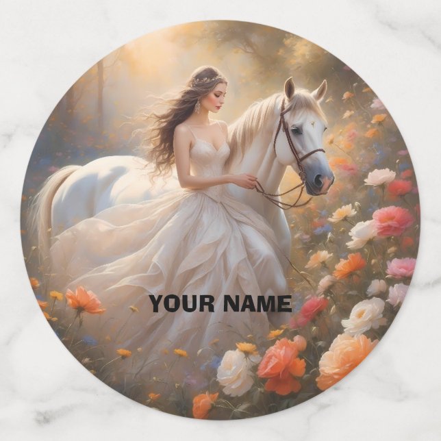 Confettis Épouse & Cheval blanc Stallion debout dans une pra (Grand verso)