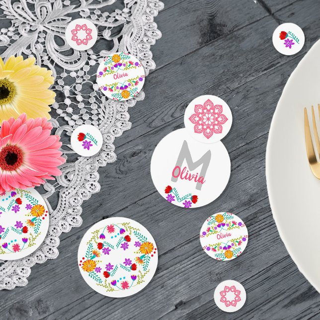 Confettis Fiesta mexicaine Blanc rose Floral Nom (Table Confetti from my Mexican Fiesta Flowers Quinceanera Collection)