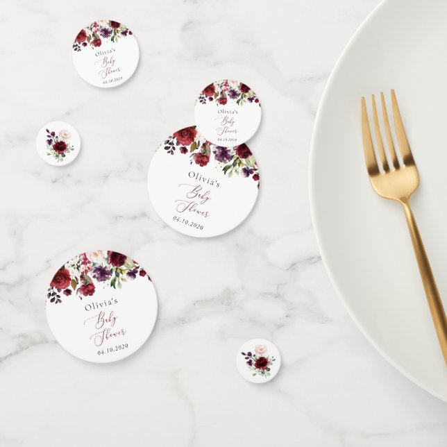 Confettis Fleurs Bourgognes, Fleurs Roses, Boho, Baby shower (Groupe)