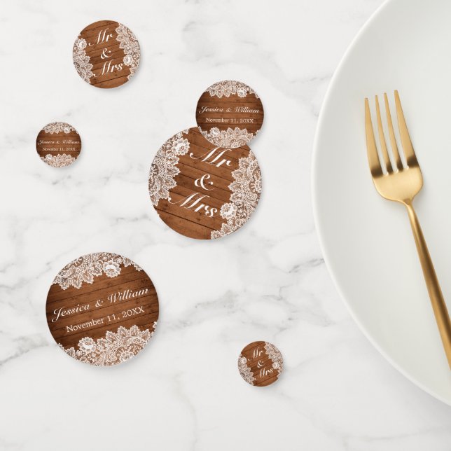 Confettis Mariage en bois rustique et dentelle blanche (Groupe)