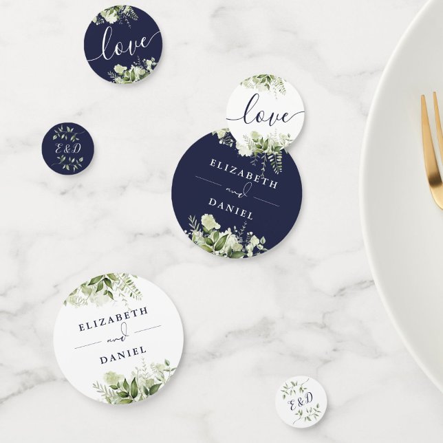 Confettis Monogramme floral de verdure bleu marine Mariage (Greenery Floral Monogram Navy Blue Wedding Confetti)