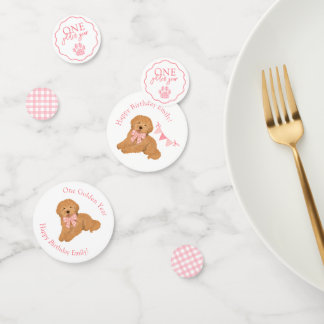 Confettis Pink Gingham One Golden Year Puppy Birthday Table