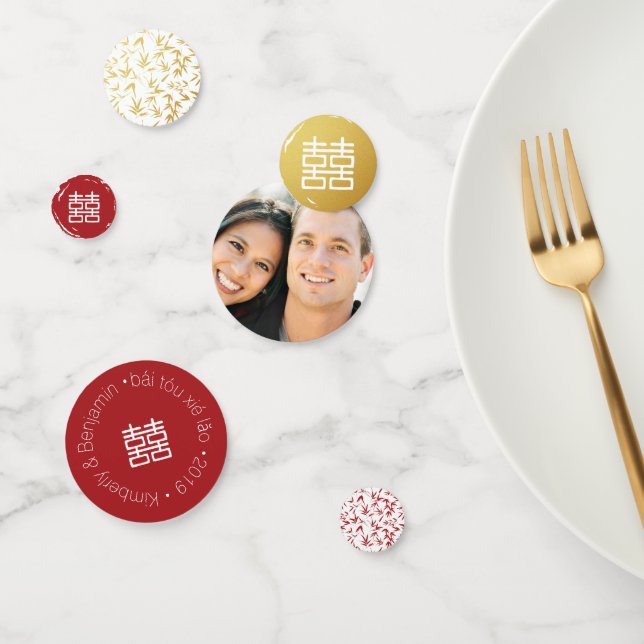 Confettis Rouge or & blanc Bambou Double Bonheur Chinois (Groupe)
