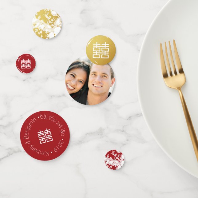 Confettis Rouge or & Blancs Double Bonheur Chinois (Groupe)